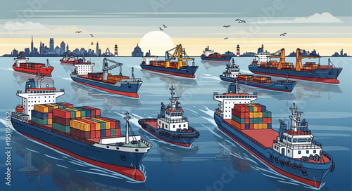 Fleet of Cargo Ships Navigating Calm Waters Under a Bright Sun.