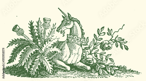 Vintage green vector illustration features a majestic crowned unicorn surrounded by Scottish thistles and elegant English roses, creating a classic heraldic design element.