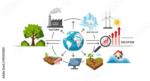 Global Climate Change and Sustainable Solutions - A Visual Representation of Environmental Challenges and Eco-Friendly Alternatives.
