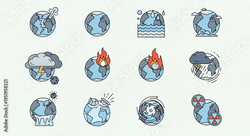 Global Climate Change Icons - Earth in Distress and Environmental Crisis.