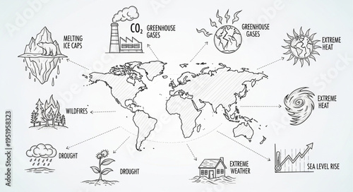Global Climate Change Impact Visualization - A World Map Depicting Environmental Issues.