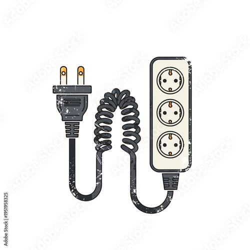 Electric plug and coiled cord connected to power strip with three outlets