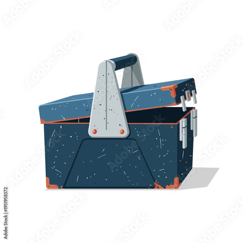Open blue toolbox with tools and weathered texture
