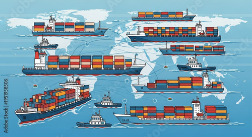 Global Container Shipping Network - A Fleet of Cargo Ships.
