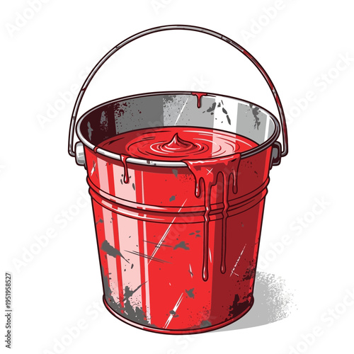 Red paint bucket overflowing with dripping paint