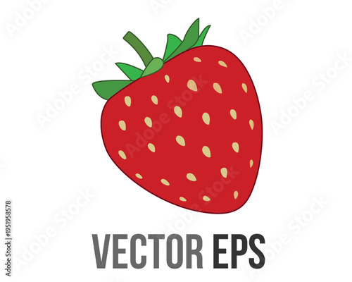 Simple red strawberry flat icon with green leaves and yellow seeds