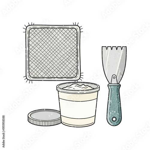 Sanding Block, Spatula, and Joint Compound Tub for Home Renovation