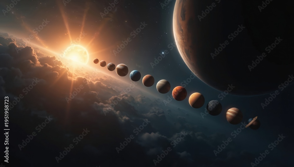 Fototapeta premium Sun shines brightly illuminating aligned planets in vast cosmos. Celestial bodies orbit star with solar flares in deep space. Cosmic view shows planets in order from Sun. Nebula clouds drift.