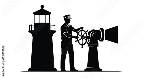 Vector illustration of lighthouse keeper operating searchlight