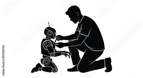Black silhouette of man fixing robot, vector illustration