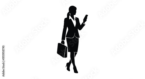 Vector silhouette of businesswoman with briefcase and smartphone
