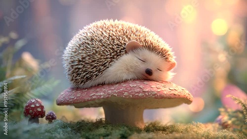 Sleepy hedgehog resting on a mushroom in forest