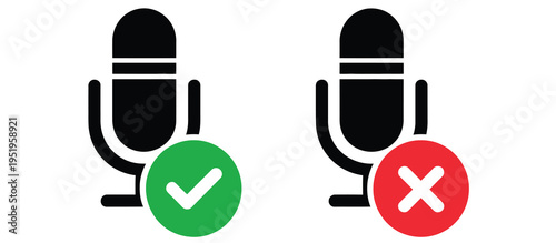 Microphone with check mark icon, symbolizing audio verification, successful sound recording, microphone approval, and voice input confirmation concept vector