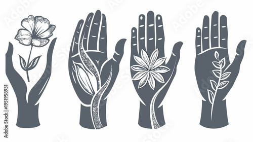Gray-toned graphic with hands holding flowers and foliage; floral illustrations in palms