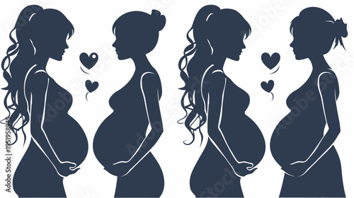 Silhouettes of pregnant women with various hairstyles, accompanied by hearts, in dark teal