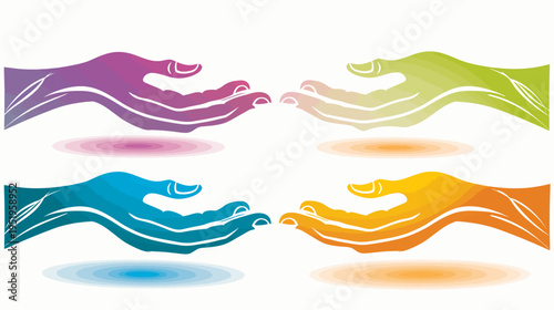 Four stylized hands reaching towards each other in vibrant colors, with gradient oval shadows