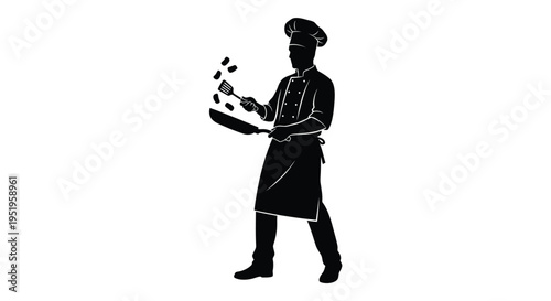 Black silhouette of a chef tossing salad