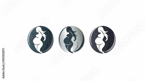 Three stylized, circular logos showcasing pregnant women in silhouette, varying in color and style