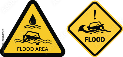 Warning signs for flood areas and flooded roads