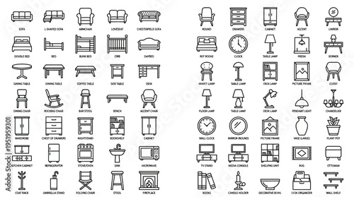 Collection of various household and office furniture icons.
