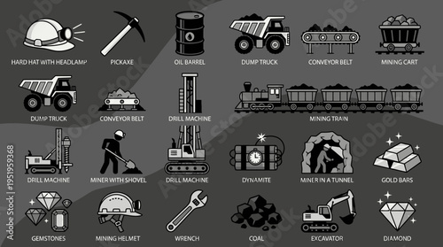 Mining industry related icons and symbols.