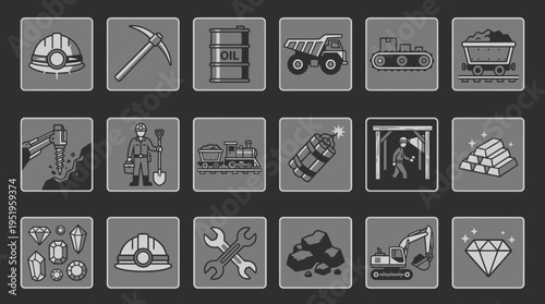 Black and white mining icons set.
