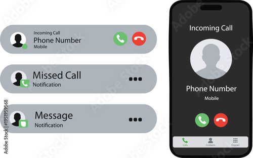 Mobile Call Interface UI Components Set, Smartphone Calling Screen Elements Vector Kit with live preview controls notification center alerts 
