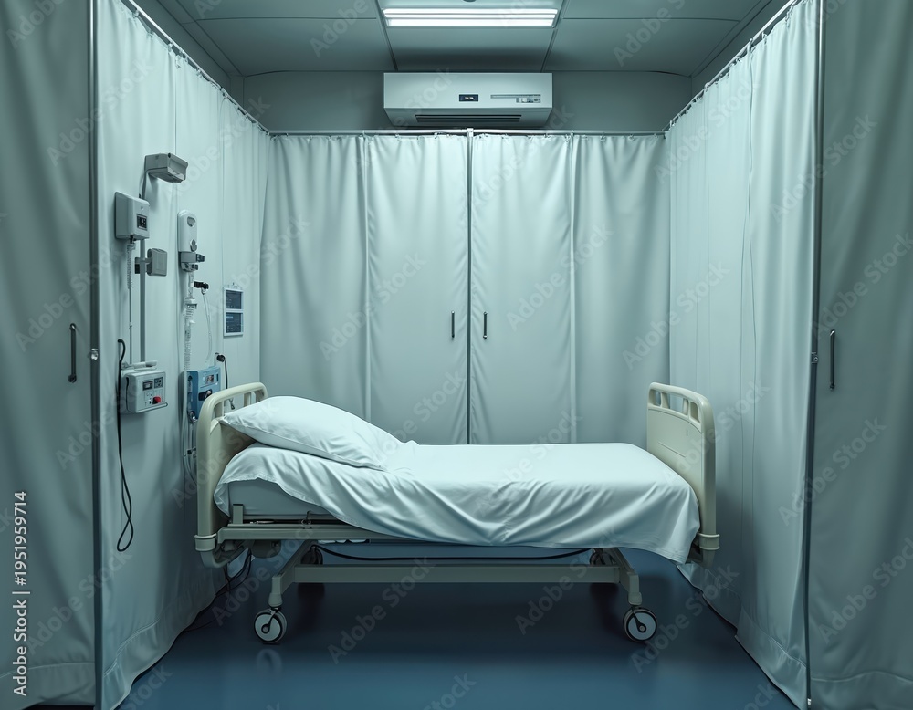 Fototapeta premium Empty hospital isolation ward bed ready for patient. Room has curtains, medical equipment, air conditioning unit, sterile environment for pandemic care. Facility prepared for sickness.