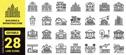 Buildings and infrastructure icon set featuring hospitals, schools, banks, libraries, restaurants, airports, stadiums, and high‑ranking urban design elements in modern line‑art vector style
