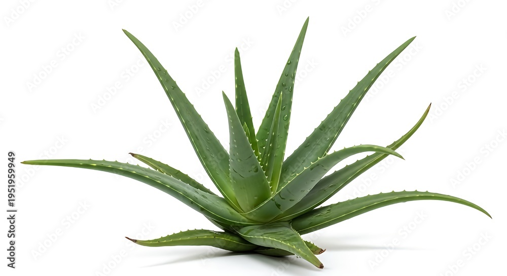 Obraz premium Aloe vera plant with sharp green leaves on white background for skincare and health concepts