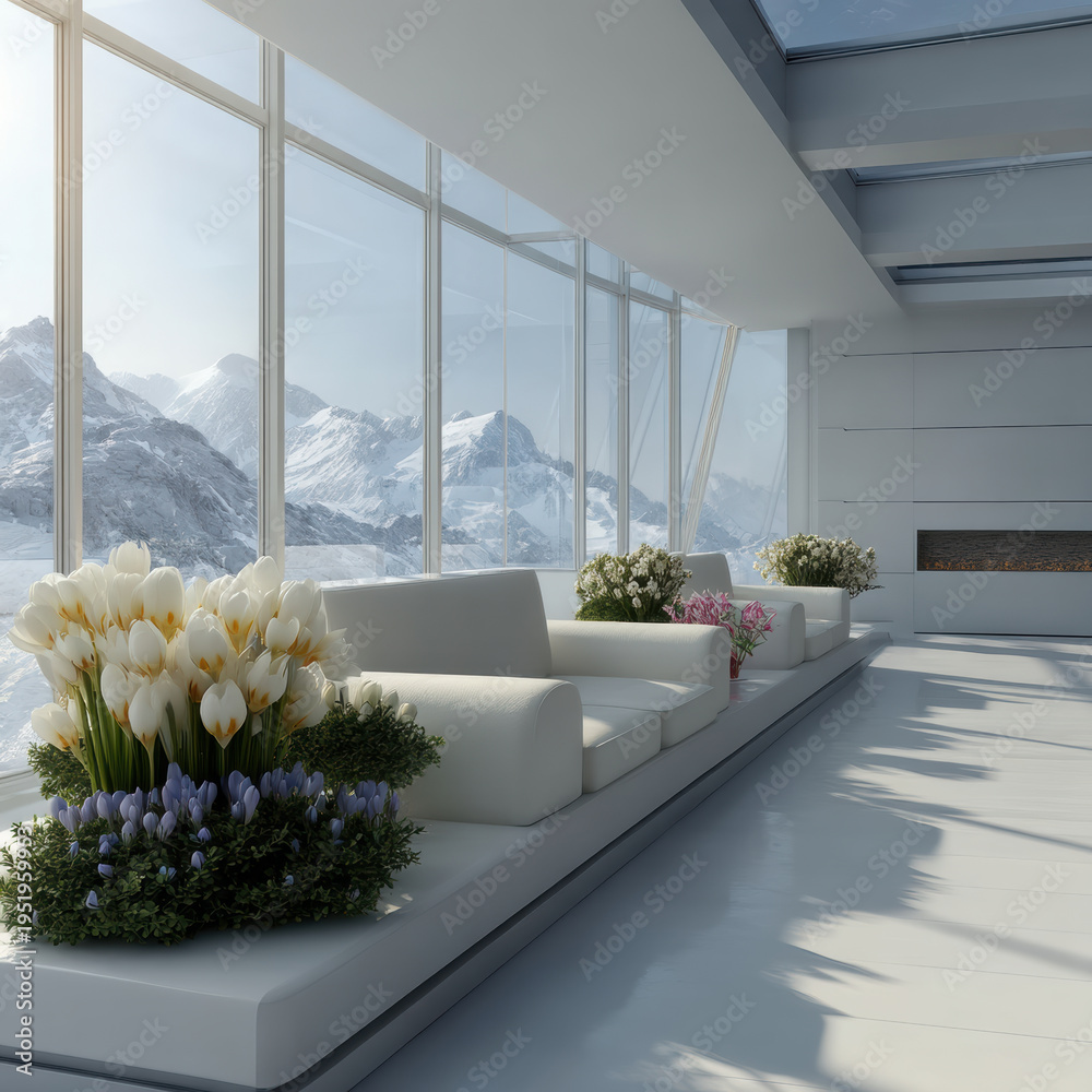 Fototapeta premium Modern white sofa, large window, mountain view, indoor flower arrangement, minimalist interior, natural light, peaceful atmosphere