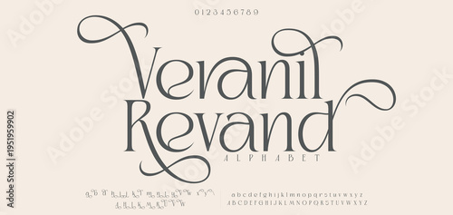 Veranil Revand Elegant alphabet letters font logo. Typography luxury classic lettering serif italic fonts decorative wedding vintage retro logos. vector illustration