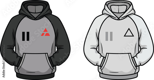 Hoodie mockup set illustration, dark gray and white sweatshirt designs with front pocket for casual fashion apparel template and clothing presentation.