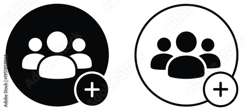 User and group management icon collection, including new account creation, friend addition, and team/group formation, social network and collaboration vector