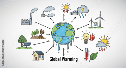 Global Warming Illustration - Depicting Causes and Effects on Earth.