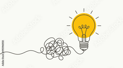 From complexity to clarity A continuous line evolving from a jumble into an illuminated light bulb, symbolizing inspiration and solution