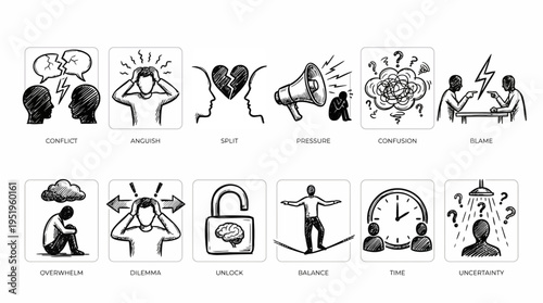 Visual metaphors illustrating everyday human struggles, psychological states, and paths to resolution