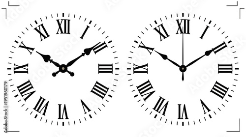 Pair of classic analog clock faces with Roman numerals, depicting precise time measurement and time-telling concept
