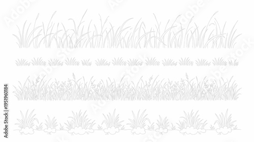 Set of white illustrated grass elements on a white background