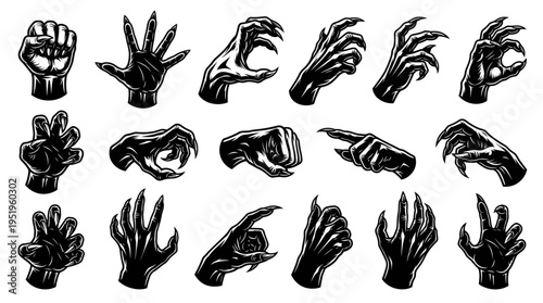 Collection of illustrative hand gestures, including fists, claws, and pointing fingers