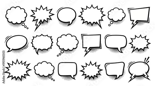Variety of sketch-style comic book speech and thought bubbles for creative messaging and dialogue elements