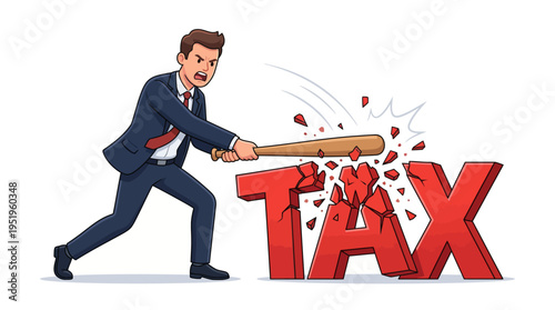 Businessman vigorously smashing the 'TAX' word with a baseball bat, symbolizing financial freedom and burden reduction
