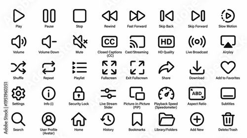 Extensive collection of modern user interface control icons for multimedia applications and digital devices