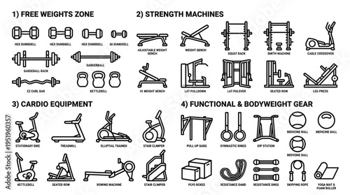 Extensive vector set of gym exercise equipment icons for fitness, strength training, and cardiovascular workouts