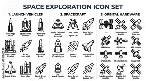 Collection of Space Exploration Icons for Vehicles, Spacecraft, and Orbital Objects