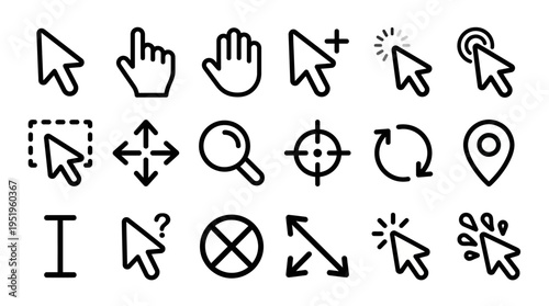 Modern outline cursors and interactive pointers for web and app design, representing essential user interaction