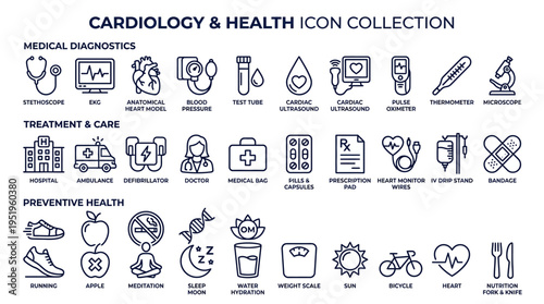 Cardiology and Health Icon Collection for Medical and Wellness Applications