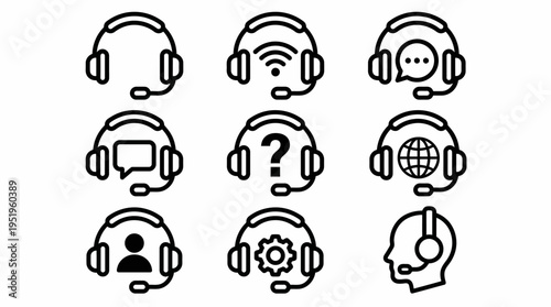 Set of icons representing customer support, communication, and service