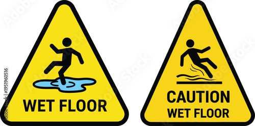 Warning signs for wet floor with cautionary graphics