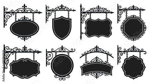 Collection of elegant blank vintage shop signs with decorative wrought iron brackets for custom text and branding